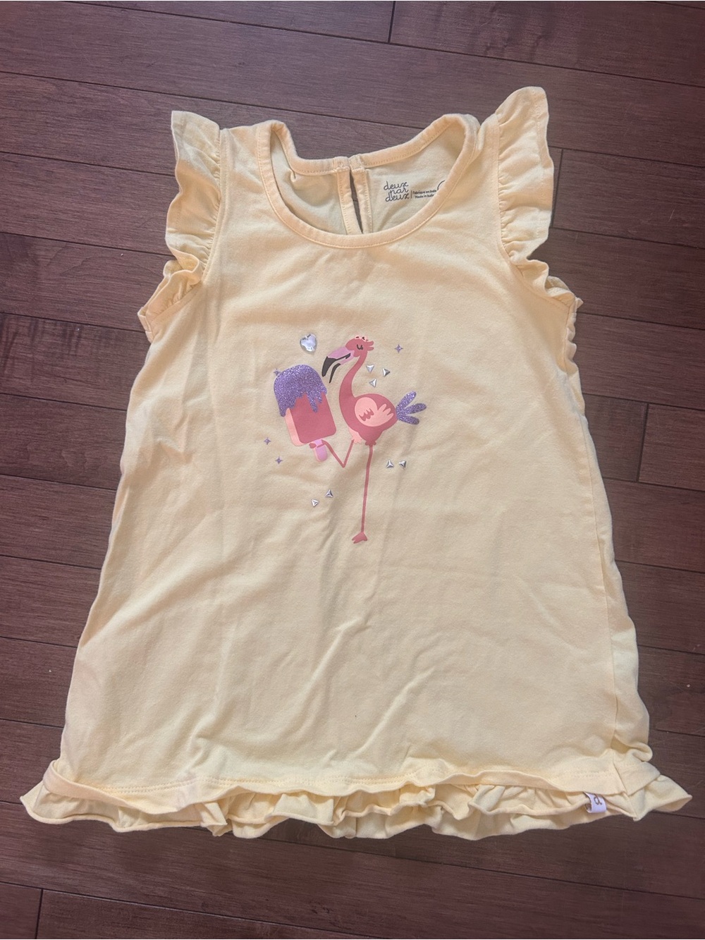 deux par deux Yellow Ruffle Sleeve Tunic with Pink Flamingo Graphic